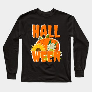 Halloween and a little gnome with a sunflower on a black background Long Sleeve T-Shirt